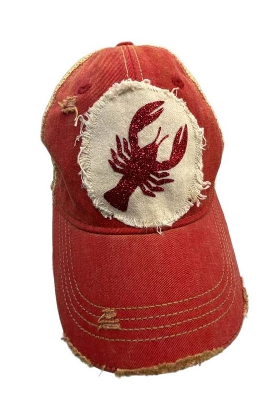 Boho Groove Distressed Red Trucker Hat with Glitter Lobster Patch